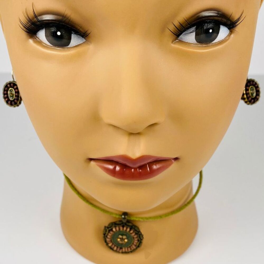 Vintage Lia Sophia Floral Medallion Necklace Choker and Earrings Green Brown Set - Picture 2 of 11